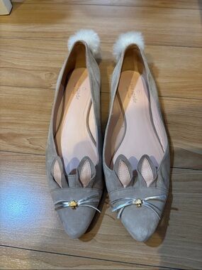 kate spade Taupe Suede Bunny-Ear Pointed Flats with Pom-Pom